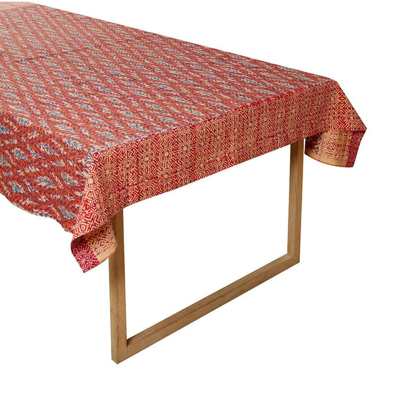 Hand Blocked Tablecloth in Toasted Berry Flower