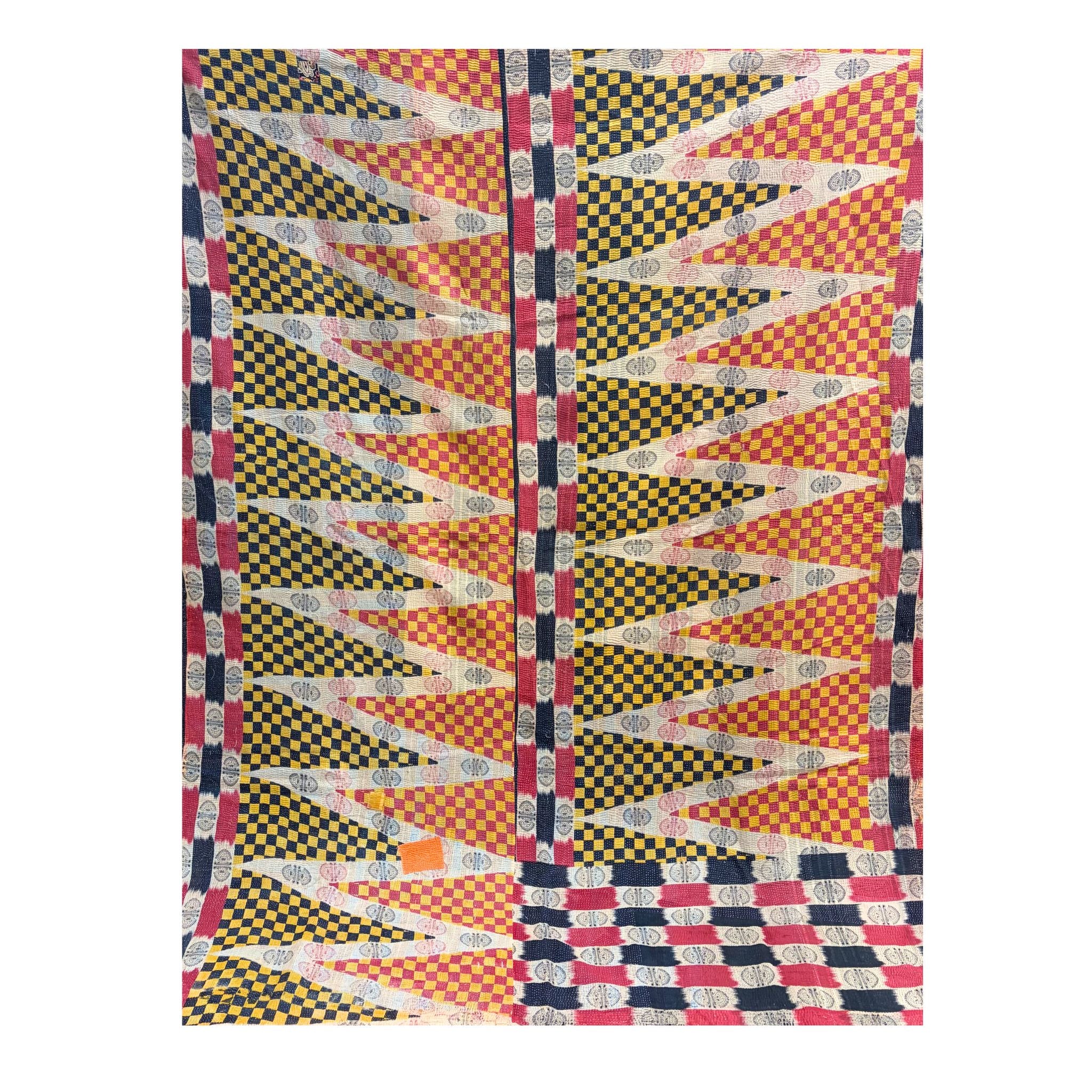 Vintage Indian Kantha Quilt, Orange, Green, Red