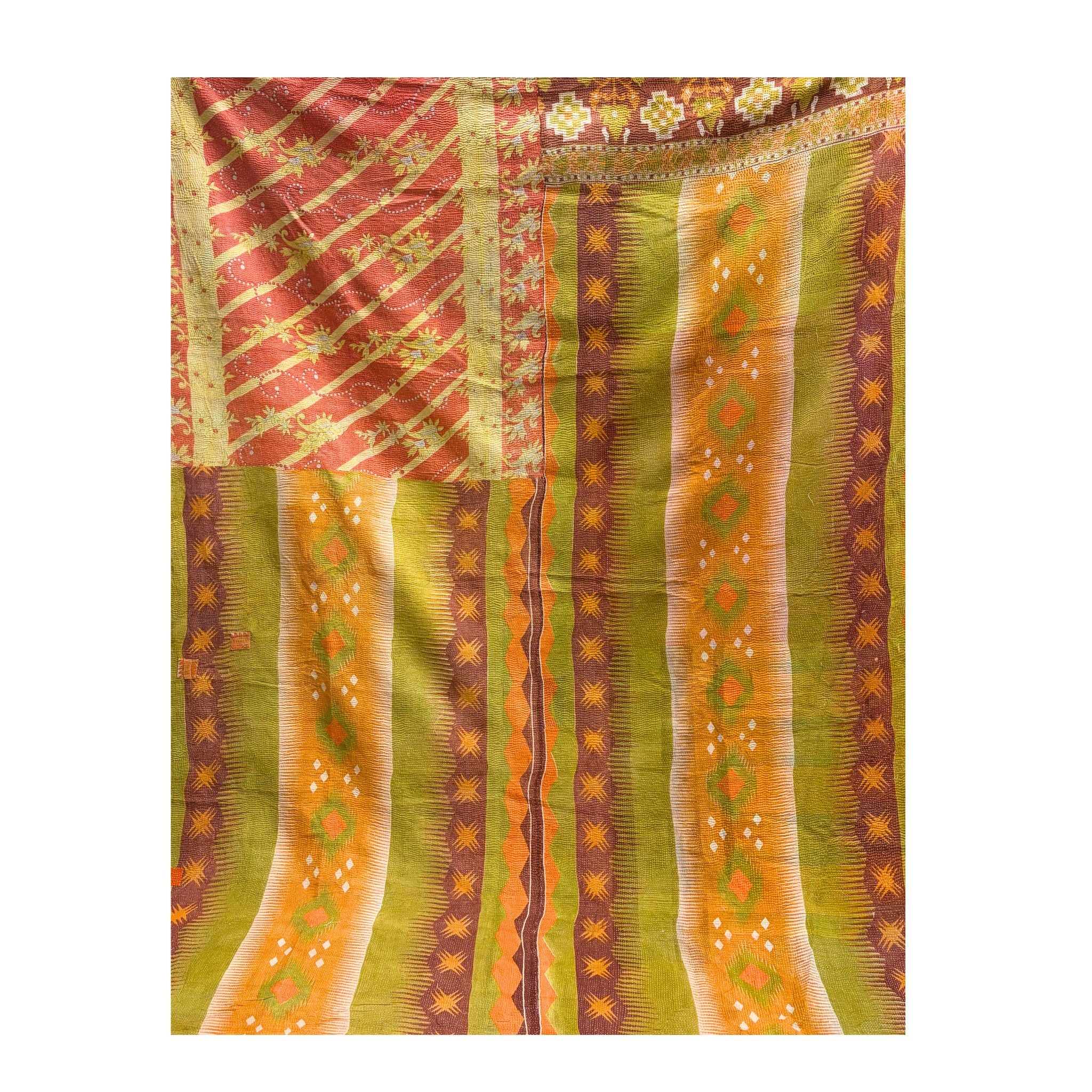 Vintage Indian Kantha Quilt, Orange, Green, Red