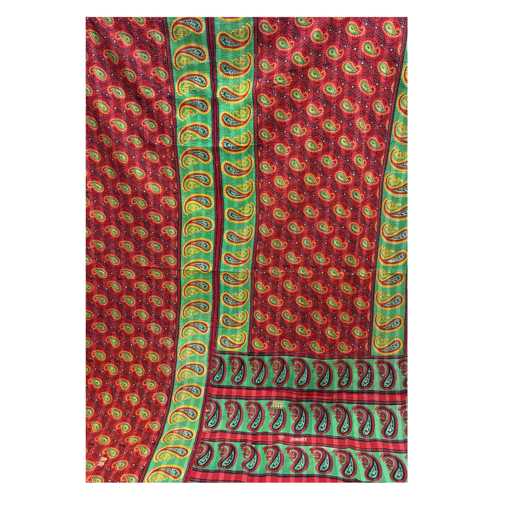 Vintage Indian Kantha Quilt, Red, Green with Yellow