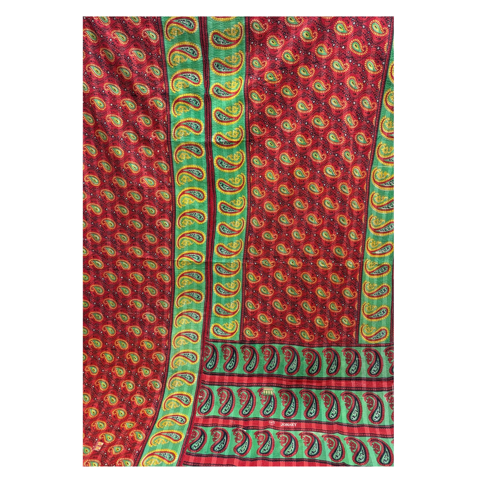 Vintage Indian Kantha Quilt, Red, Green with Yellow