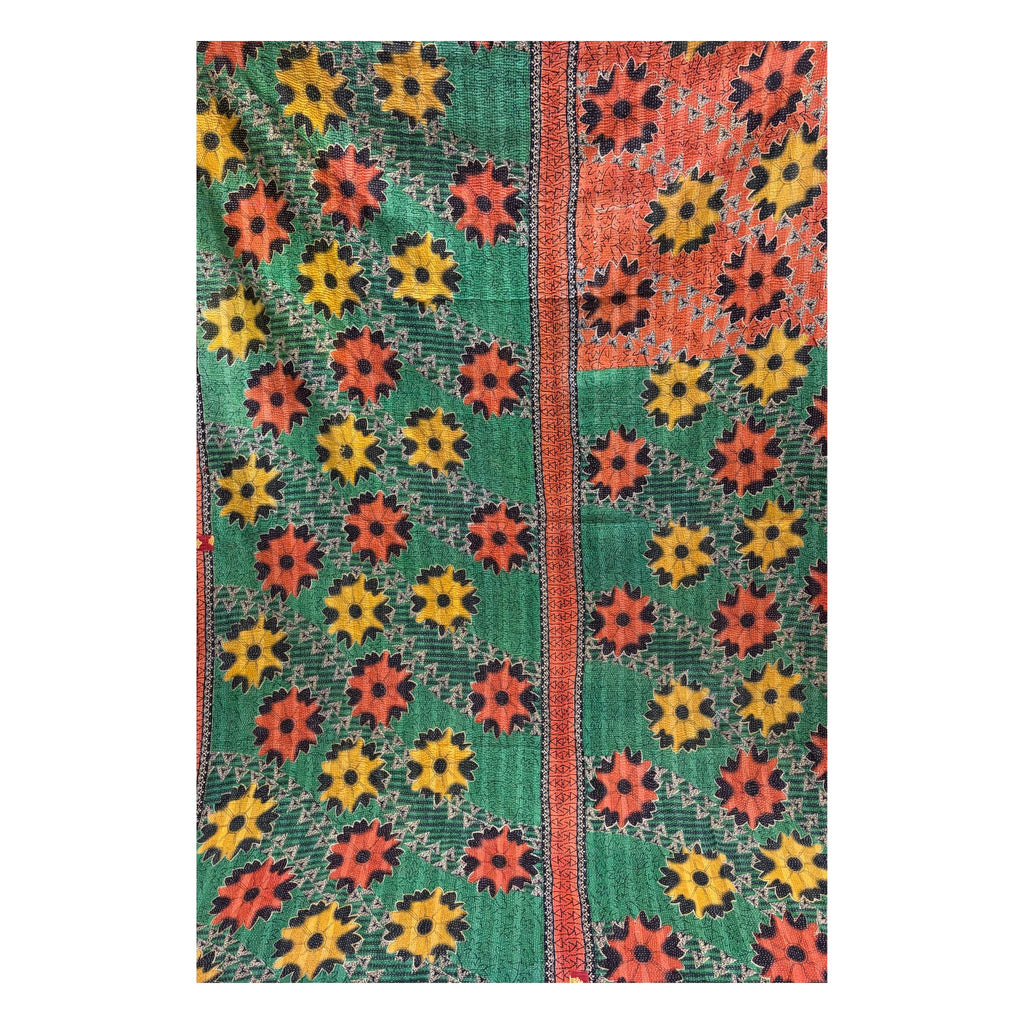 Vintage Indian Kantha Quilt, Red, Green with Yellow