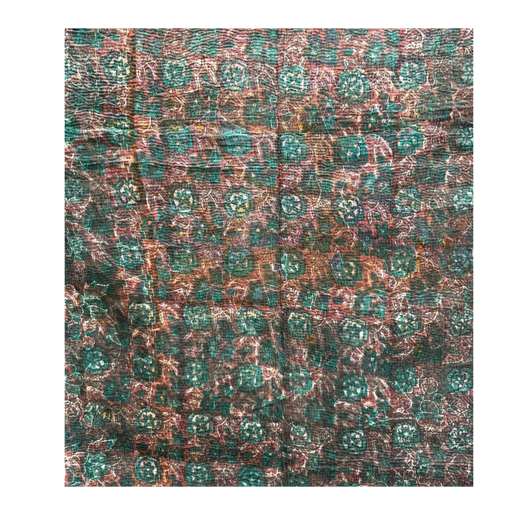 Vintage Indian Kantha Quilt, Deep Teal, Plum, Green