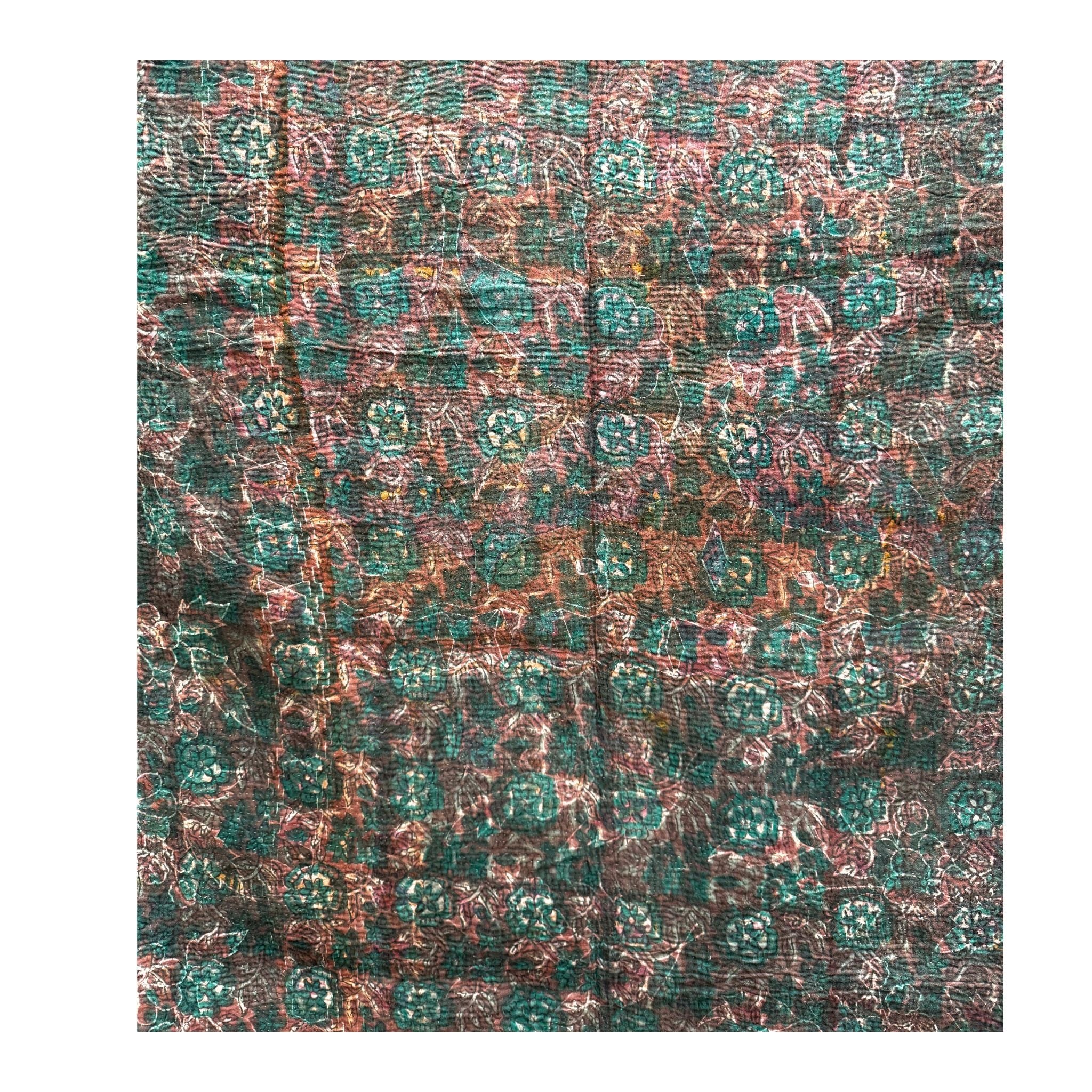Vintage Indian Kantha Quilt, Deep Teal, Plum, Green