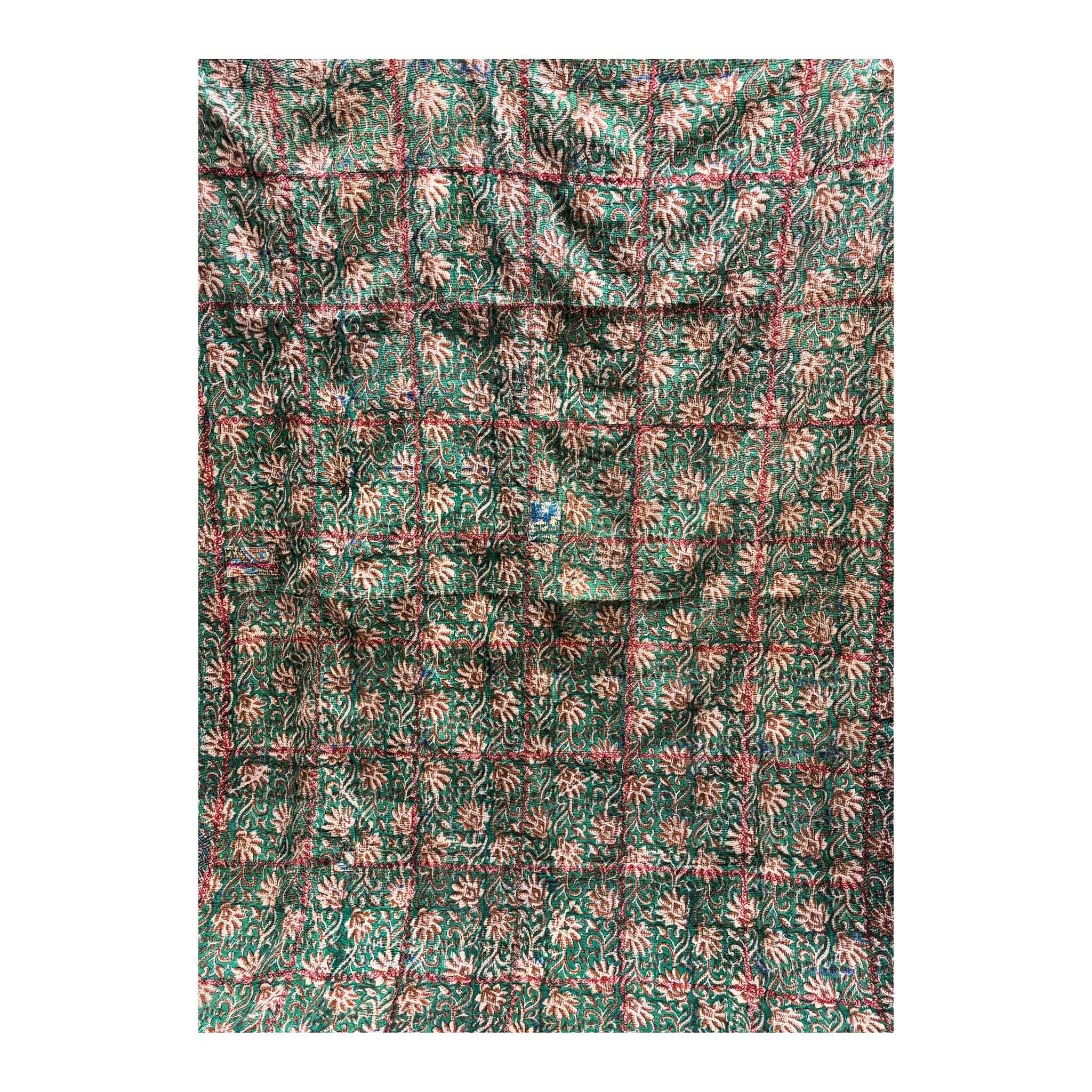 Vintage Indian Kantha Quilt, Navy & Green