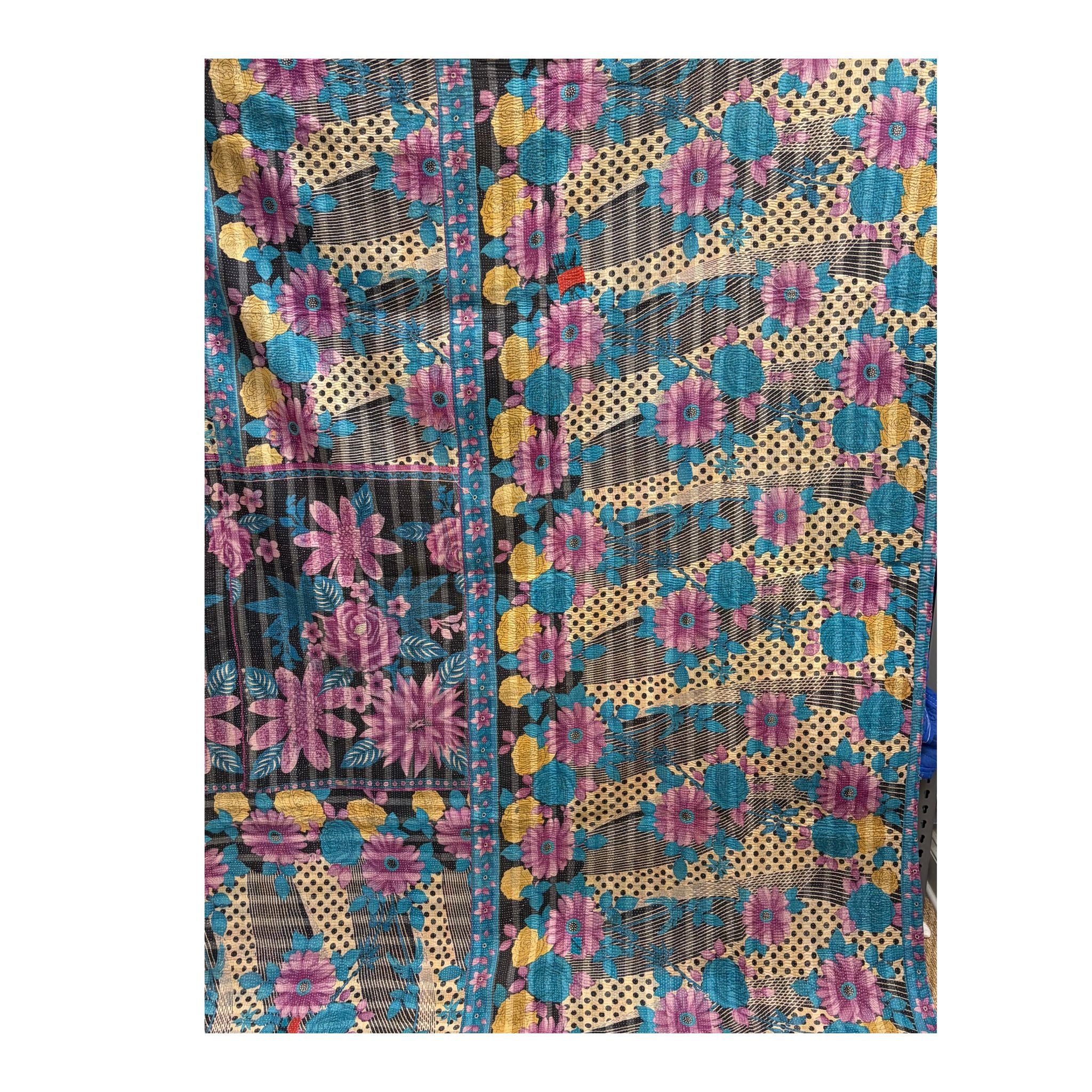 Vintage Indian Kantha Quilt, Black, Red, Green & Teal with Petal