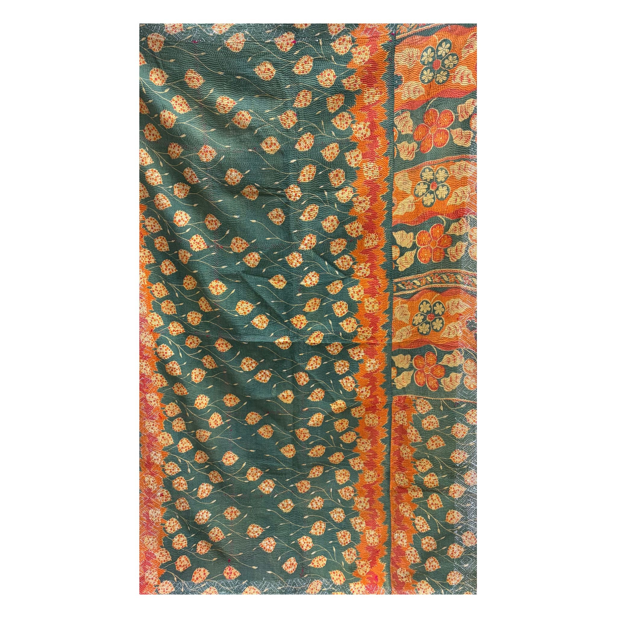 Vintage Indian Kantha Quilt, Dark Green with Orange