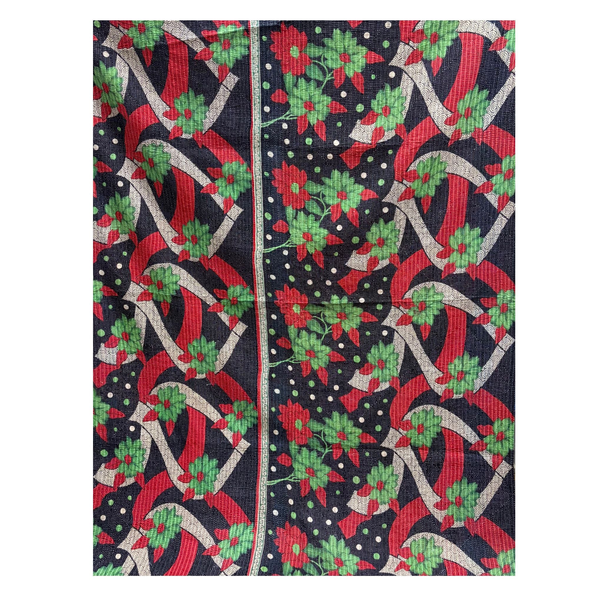 Vintage Indian Kantha Quilt, Black, Red, Green & Teal with Petal