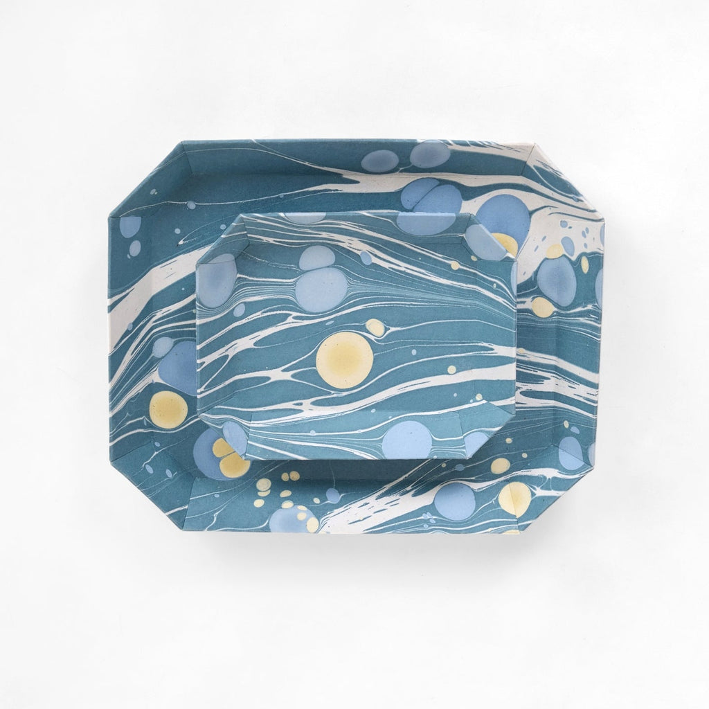 Marbled Octagonal Nesting Tray Set, Blue & Lemon