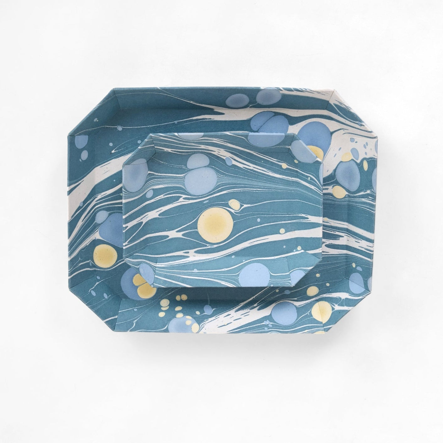 Marbled Octagonal Nesting Tray Set, Blue & Lemon