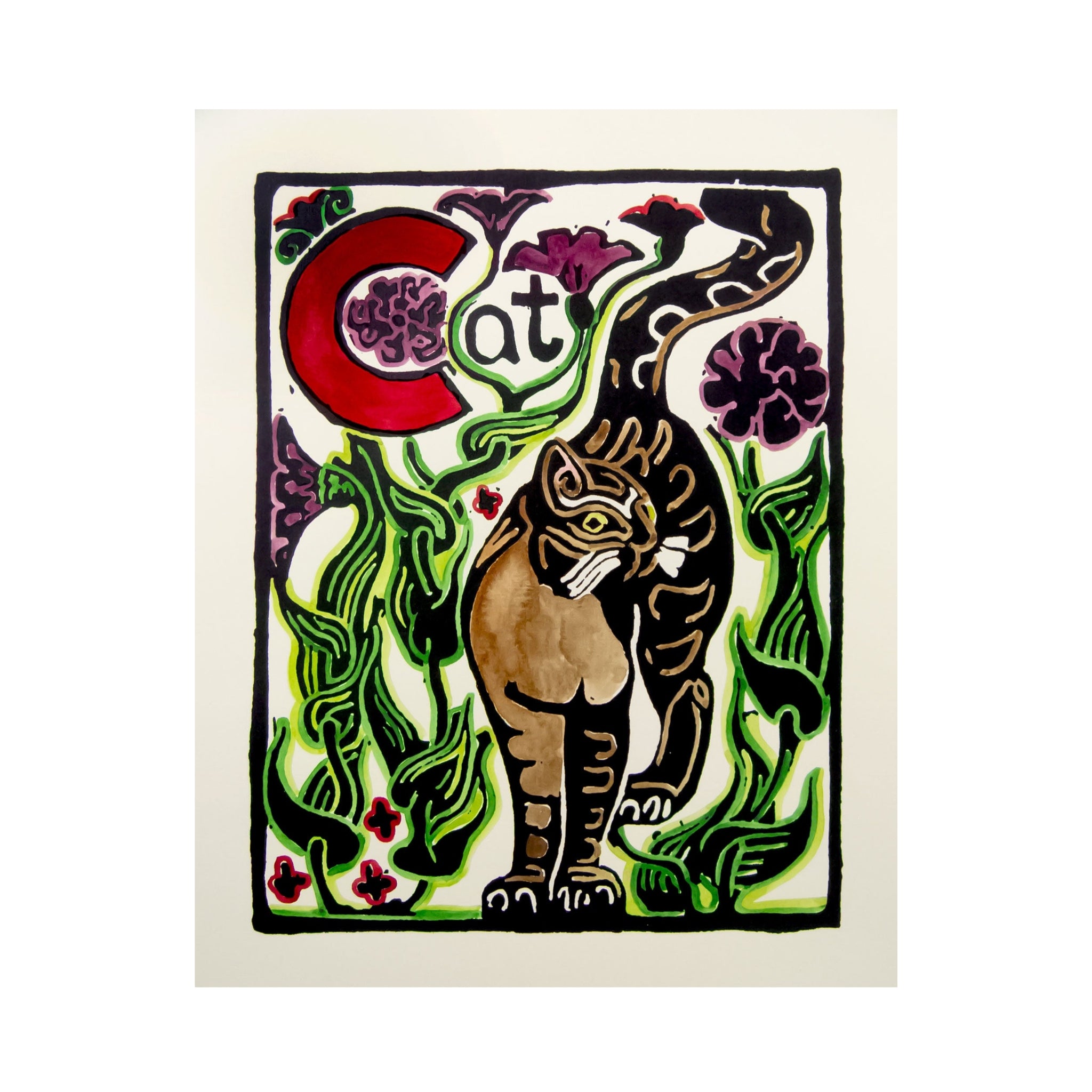 Original Hand-Colored Alphabet Block Print, Letter C