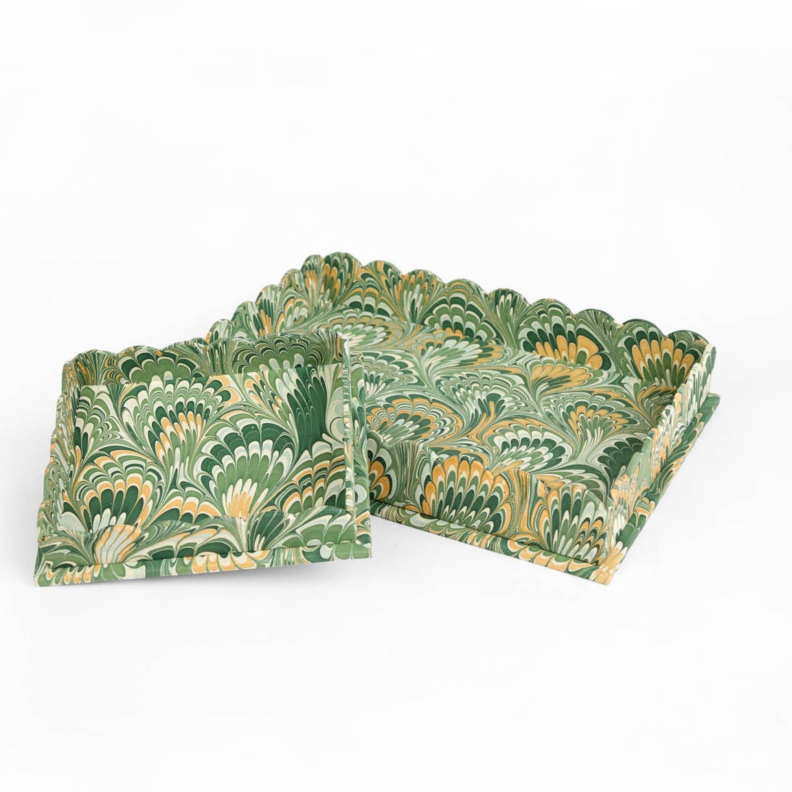 Marbled Scalloped Tray Set, Green & Gold