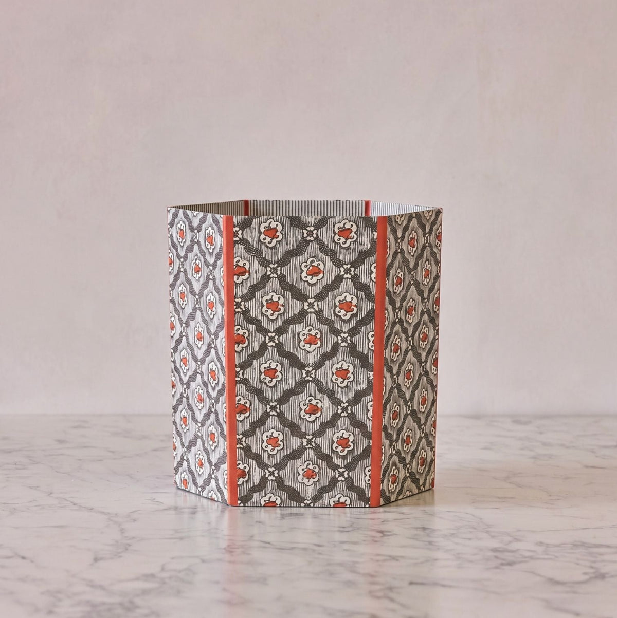 Block-Printed Hexagonal Collapsible Waste Basket, Vintage Vines