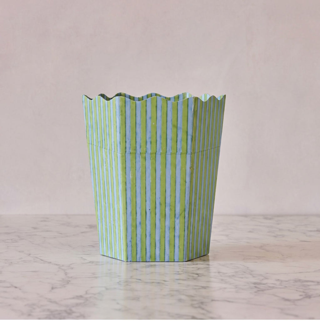 Block-Printed Hexagonal Collapsible Waste Basket, Green & Blue Stripes