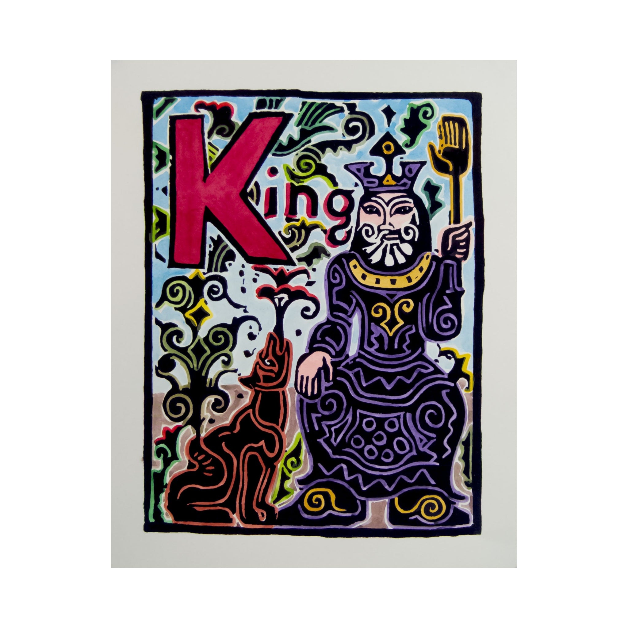 Original Hand-Colored Alphabet Block Print, Letter K