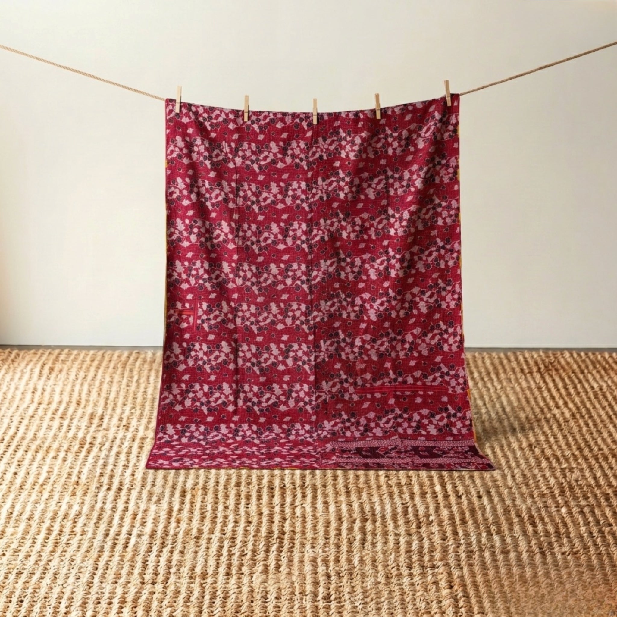 Vintage Indian Kantha Quilt, Crimson & Turquoise