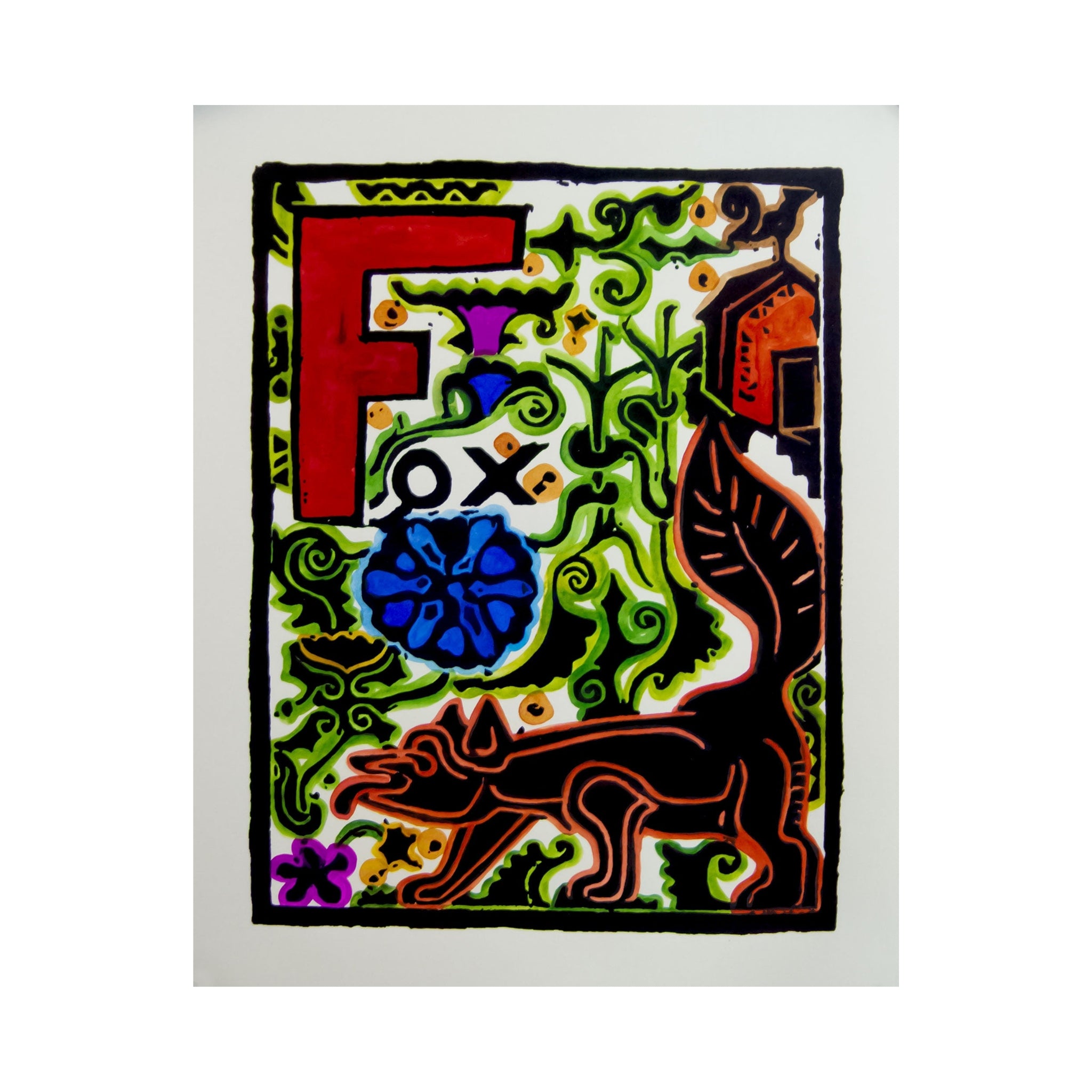Original Hand-Colored Alphabet Block Print, Letter F