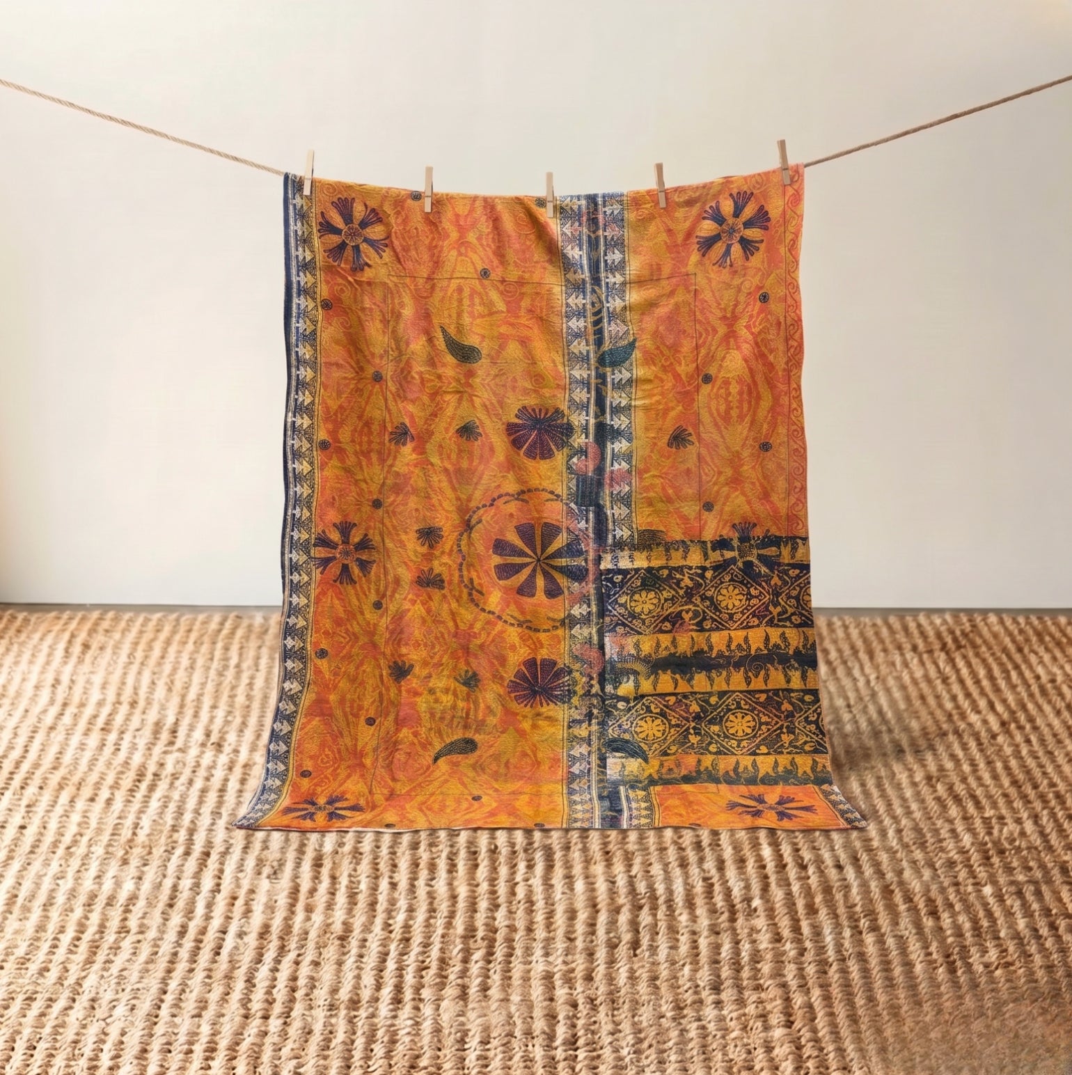 Vintage Indian Kantha Quilt, Amber & Sage