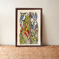 Original Hand-Colored Block Print, Pine Trees & Blue Jays