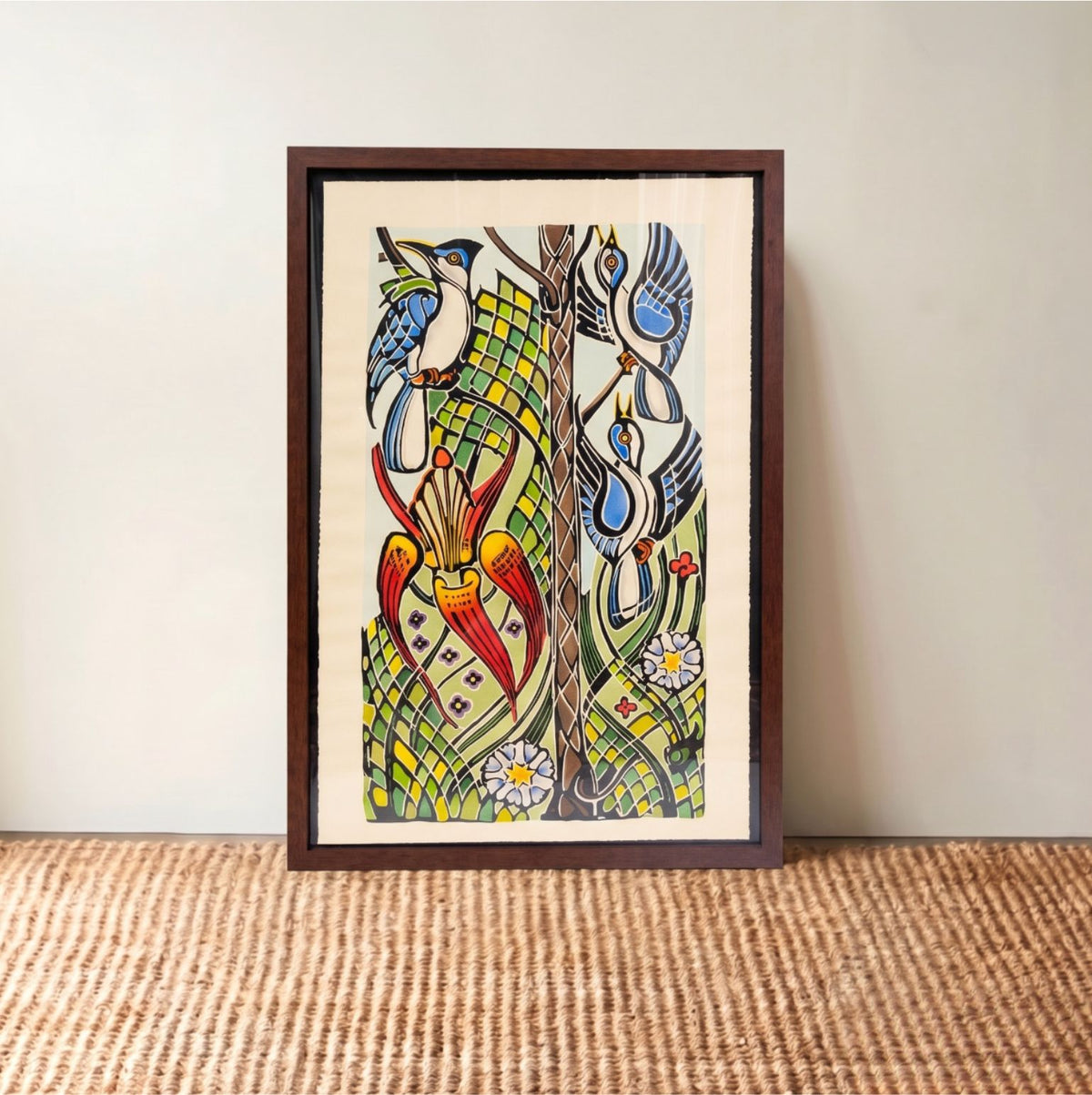 Original Hand-Colored Block Print, Pine Trees & Blue Jays
