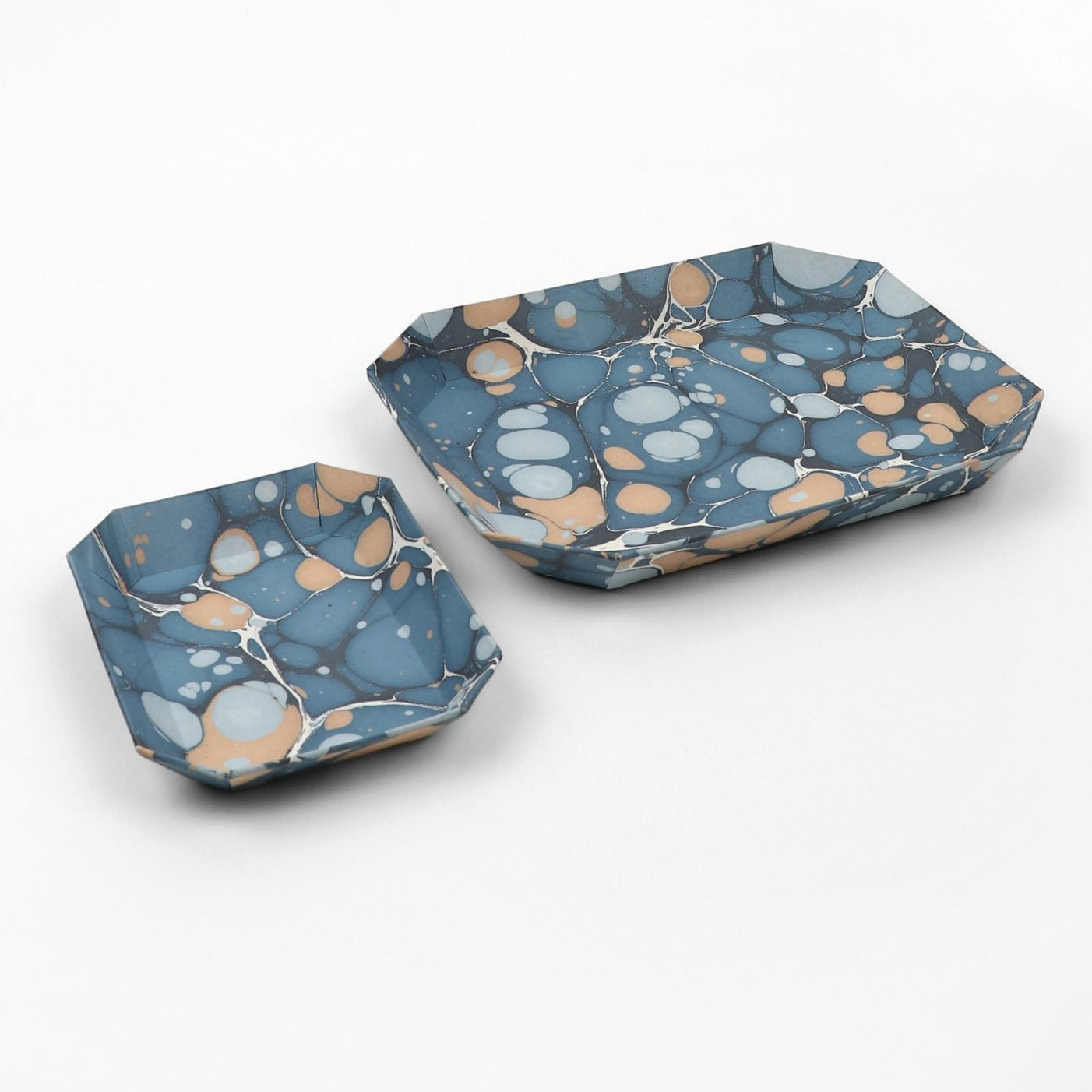 Marbled Octagonal Nesting Tray Set, Blue & Apricot