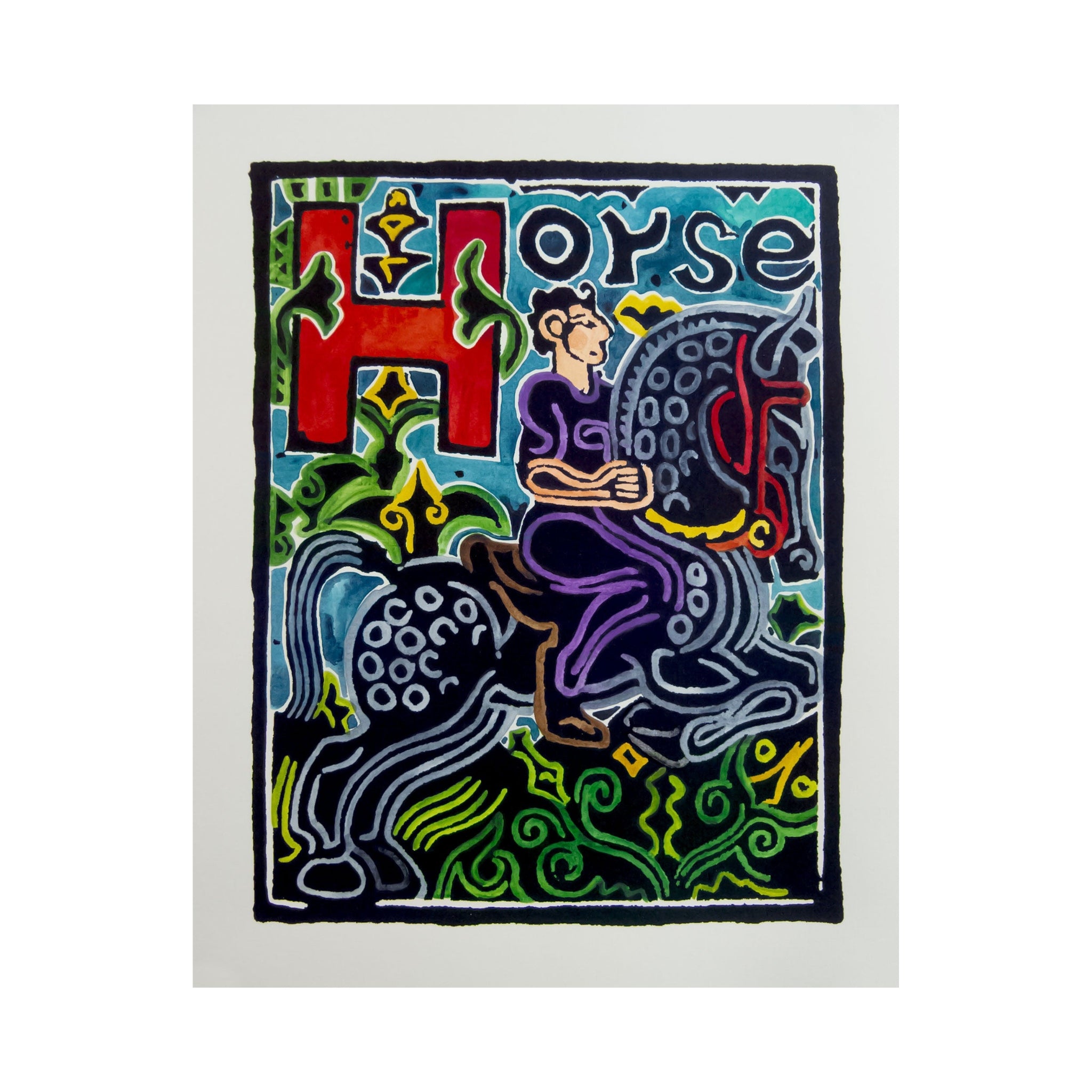 Original Hand-Colored Alphabet Block Print, Letter H