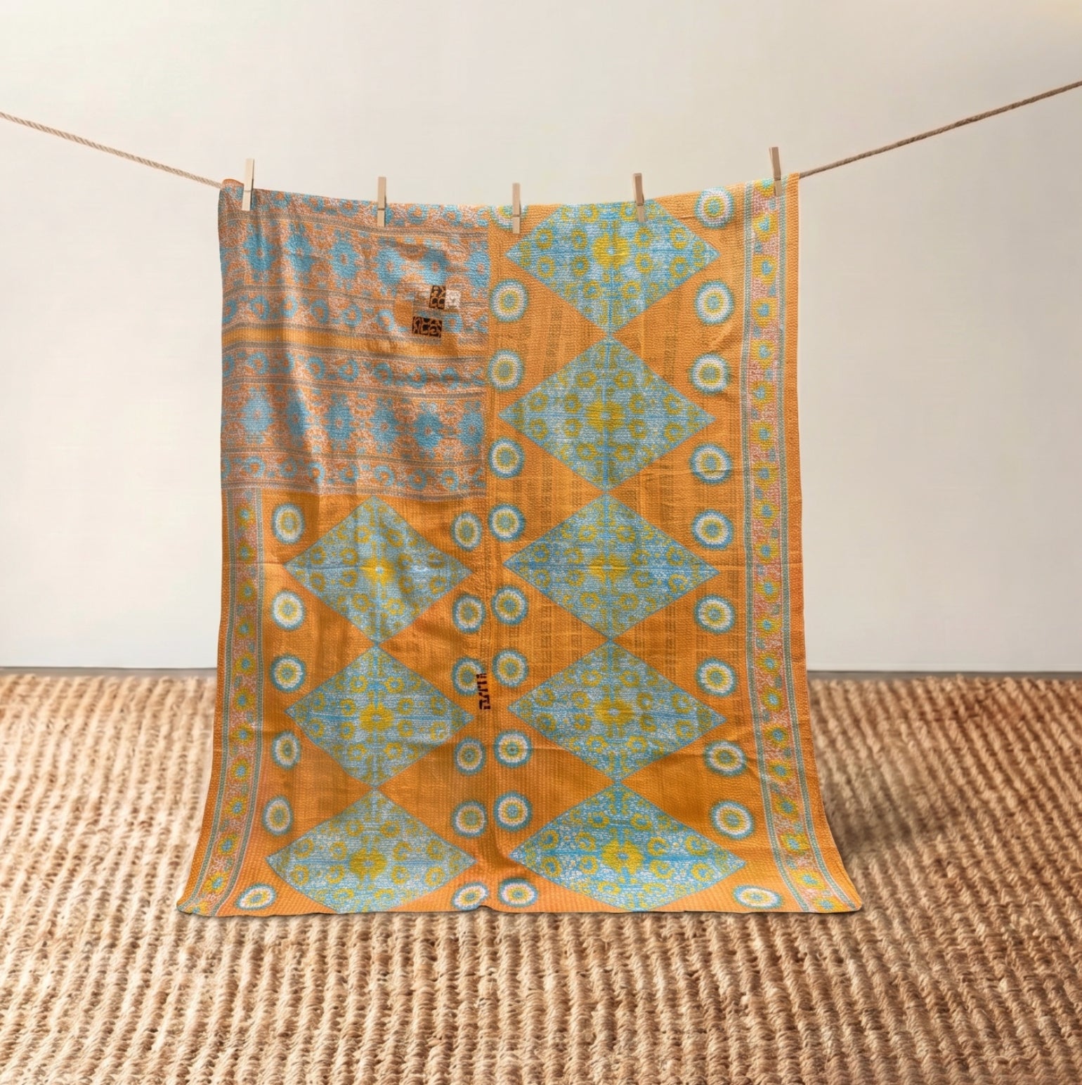 Vintage Indian Kantha Quilt, Ochre & Turquoise