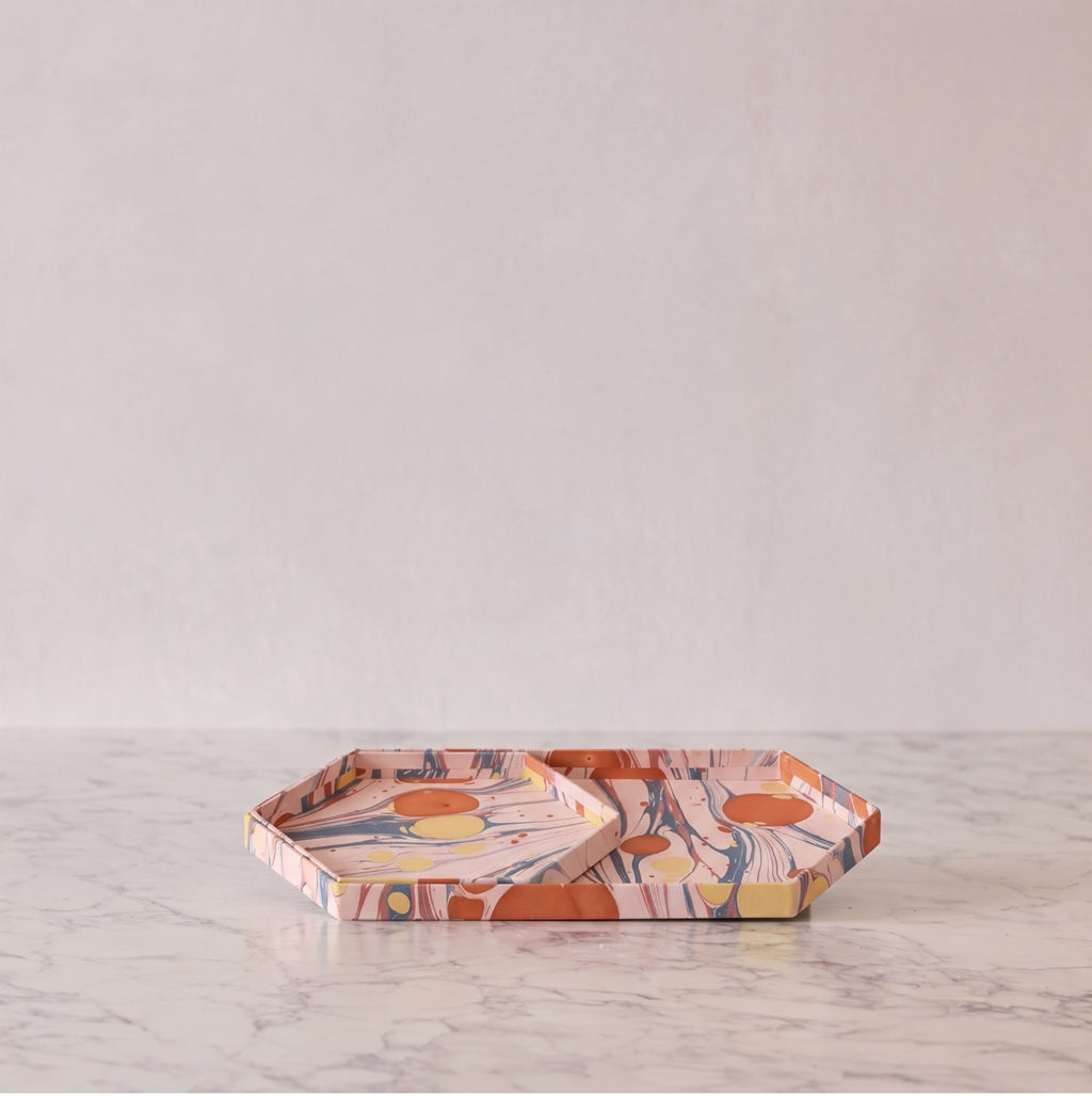 Marbled Hexagonal Nesting Tray Set, Pink & Terracota