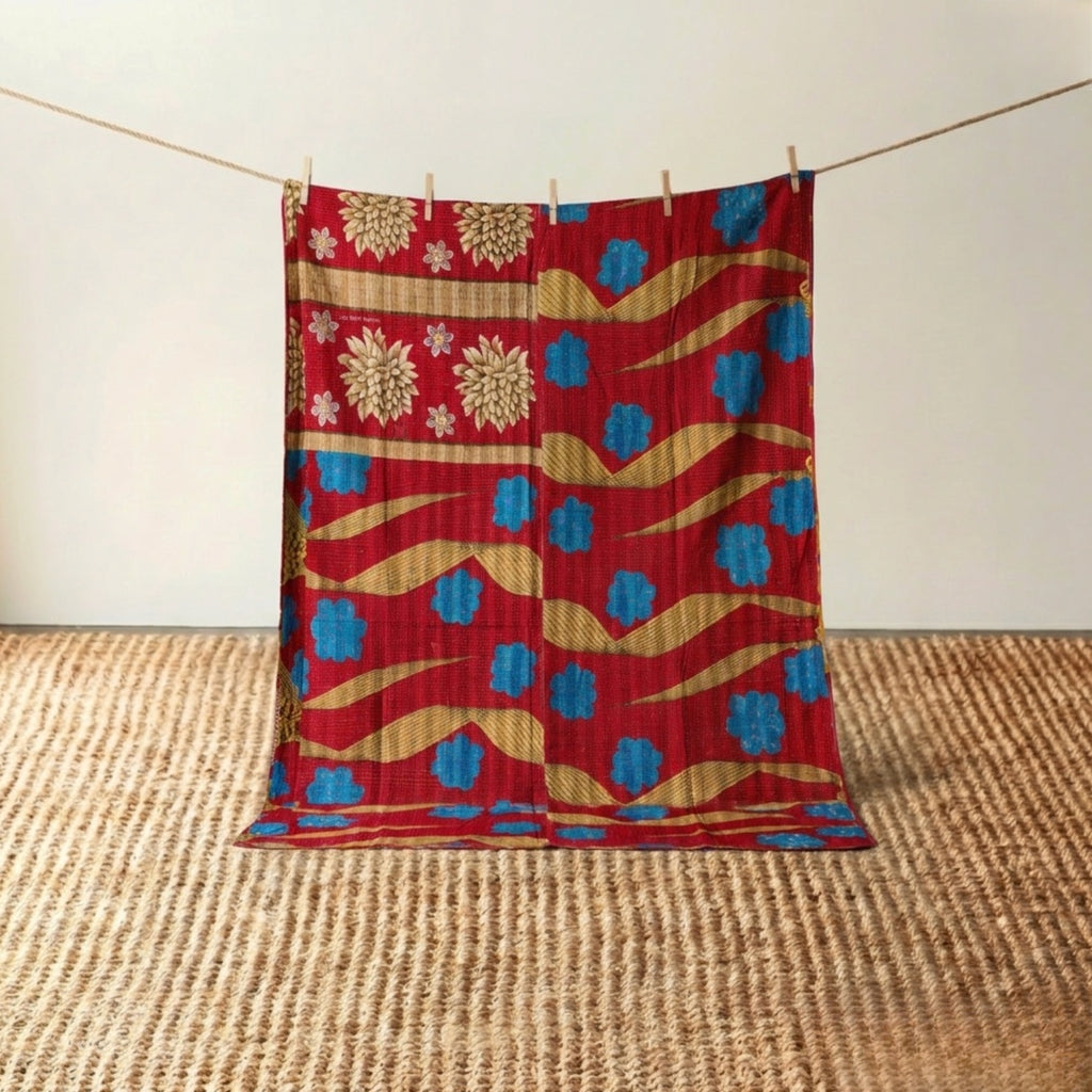 Vintage Indian Kantha Quilt, Crimson & Turquoise