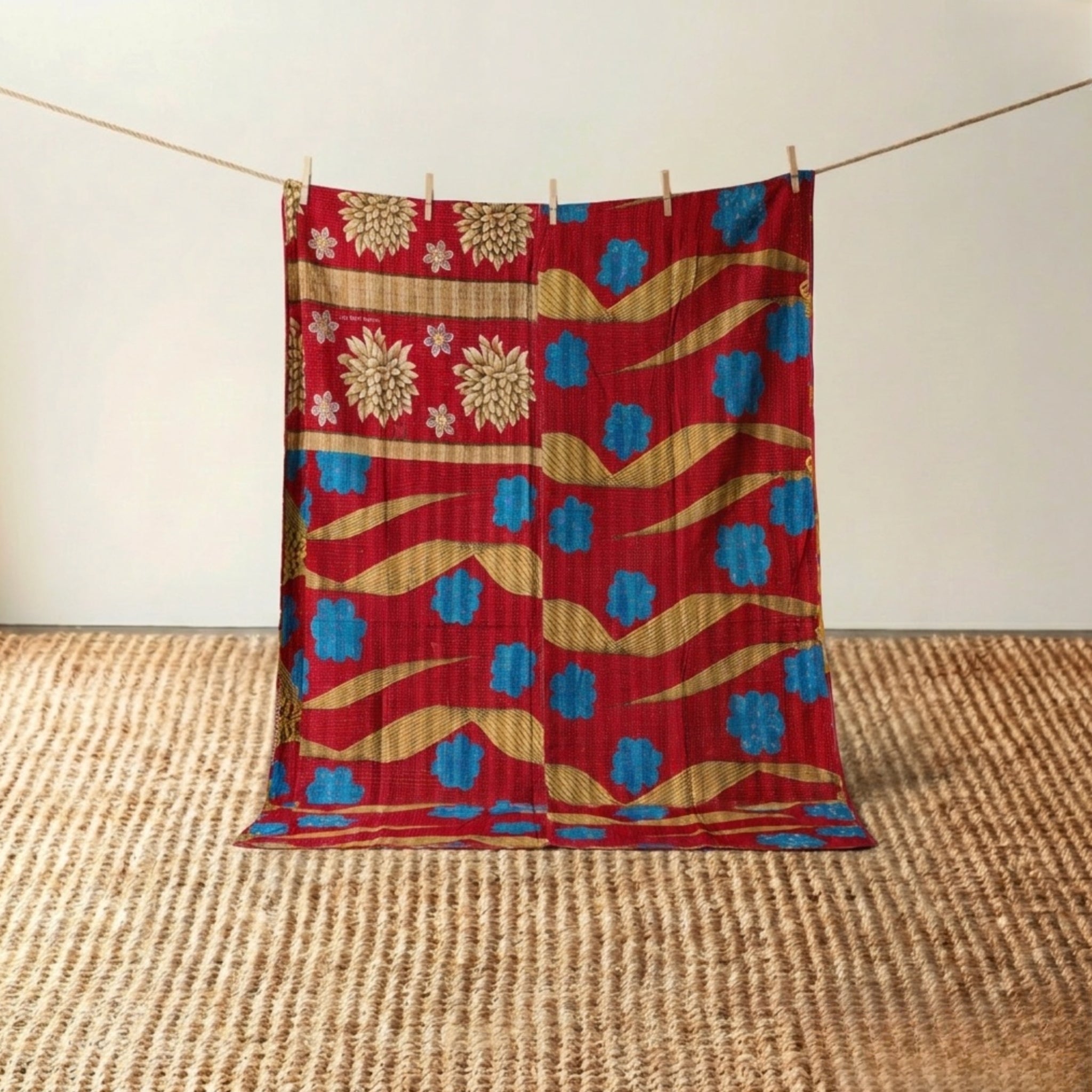 Vintage Indian Kantha Quilt, Crimson & Turquoise