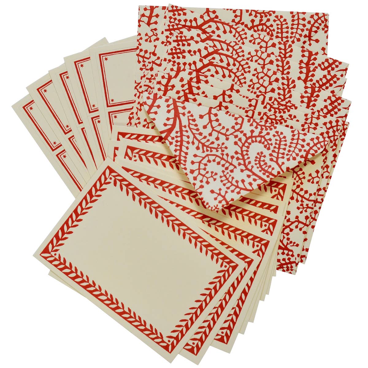 Set of Notecards and Envelopes Seaweed Paisley Crimson
