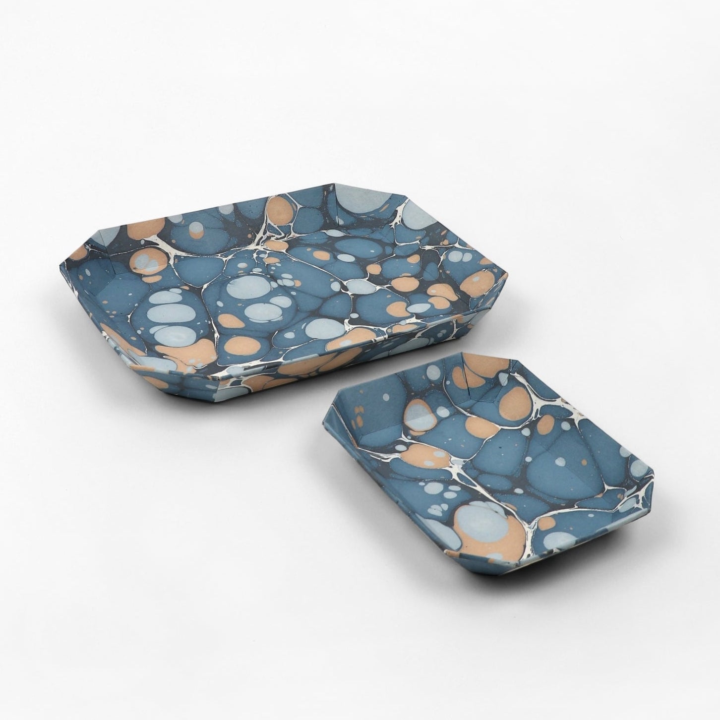 Marbled Octagonal Nesting Tray Set, Blue & Apricot