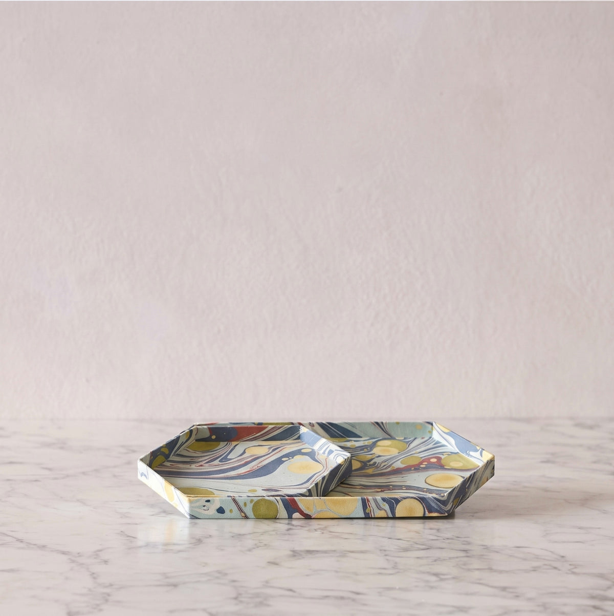 Marbled Hexagonal Nesting Tray Set, Dusty Blue & Green