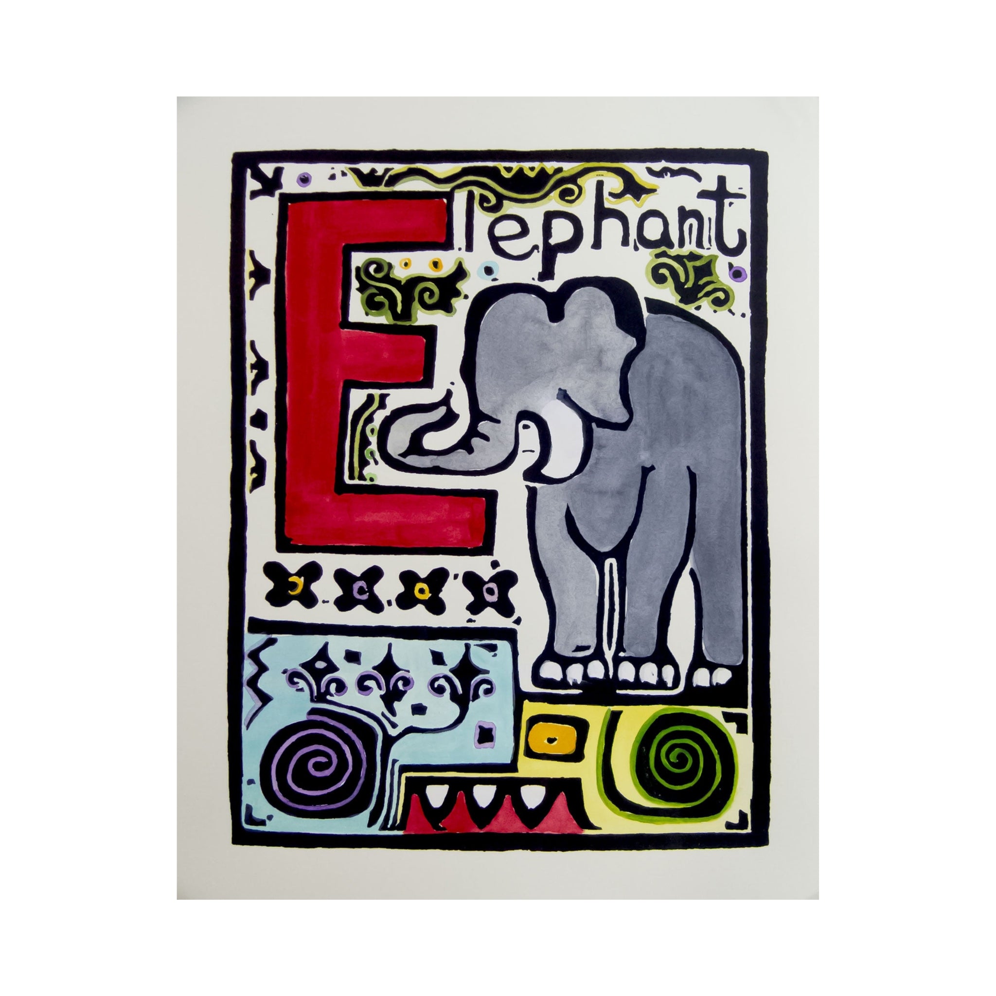 Original Hand-Colored Alphabet Block Print, Letter E