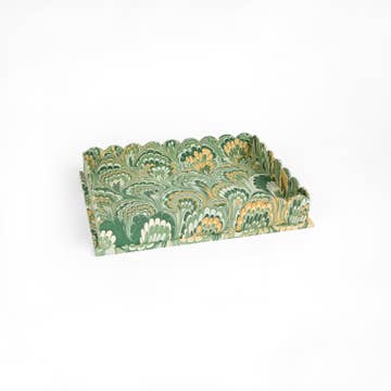 Marbled Scalloped Tray Set, Green & Gold