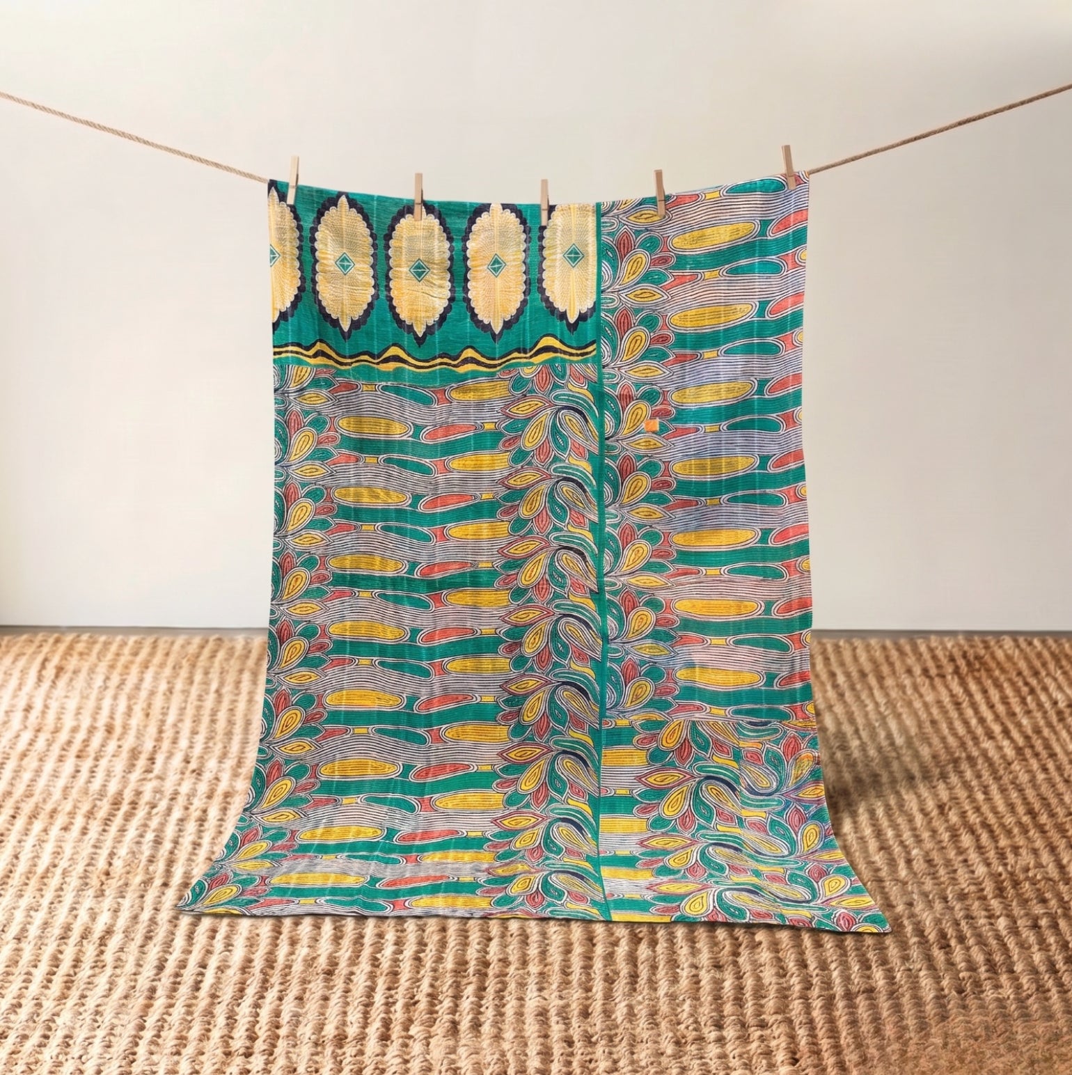 Vintage Indian Kantha Quilt, Turquoise & Marigold