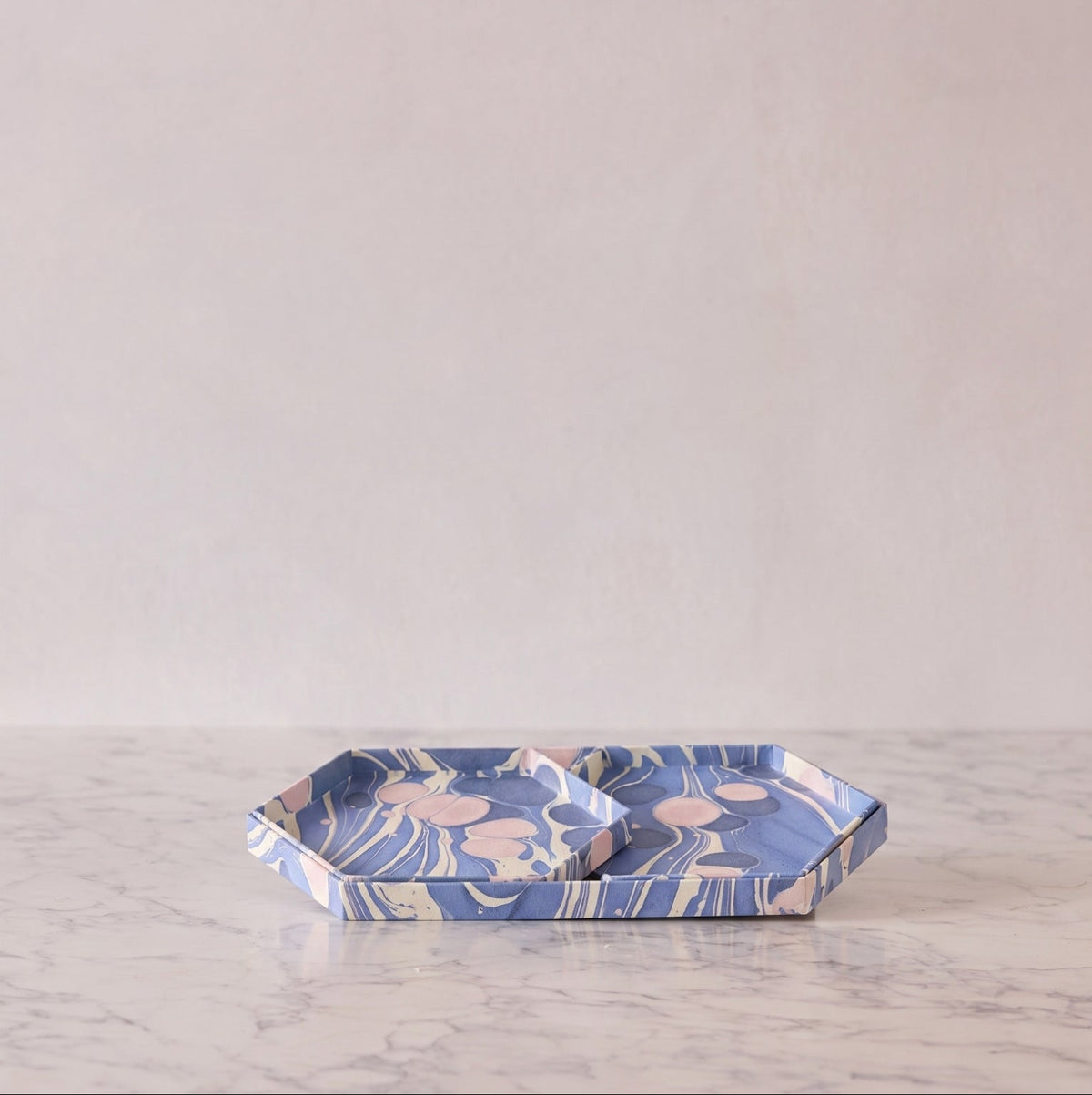 Marbled Hexagonal Nesting Tray Set, Periwinkle & Pink