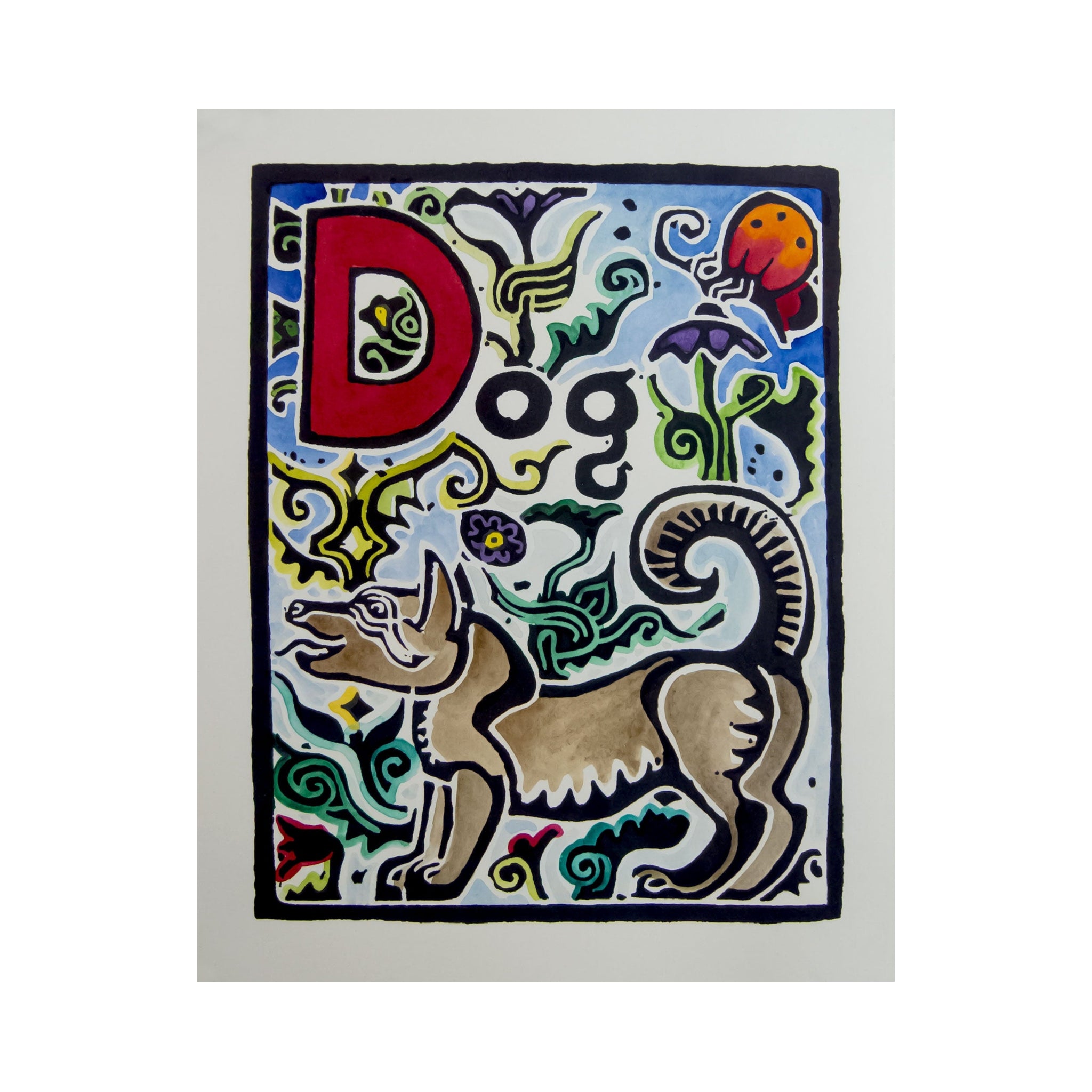 Original Hand-Colored Alphabet Block Print, Letter D