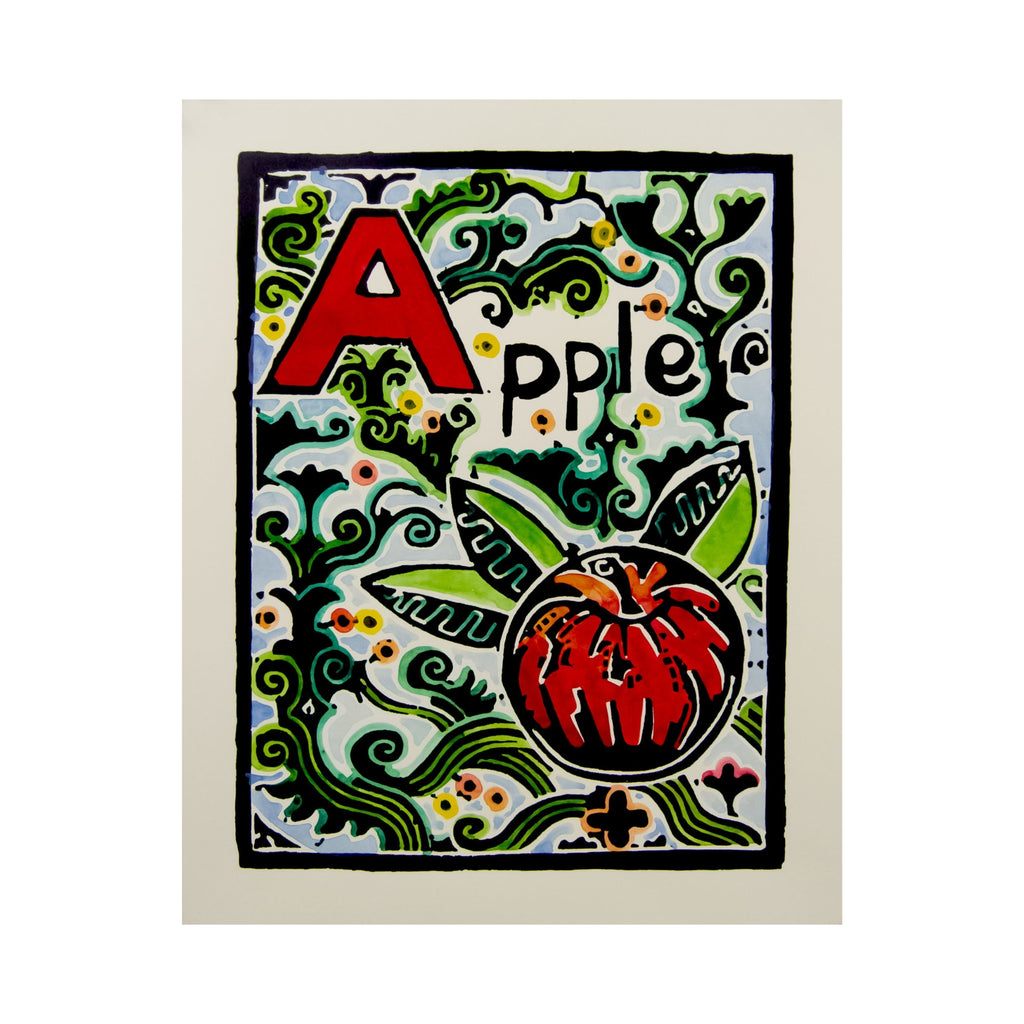Original Hand-Colored Alphabet Block Print, Letter A