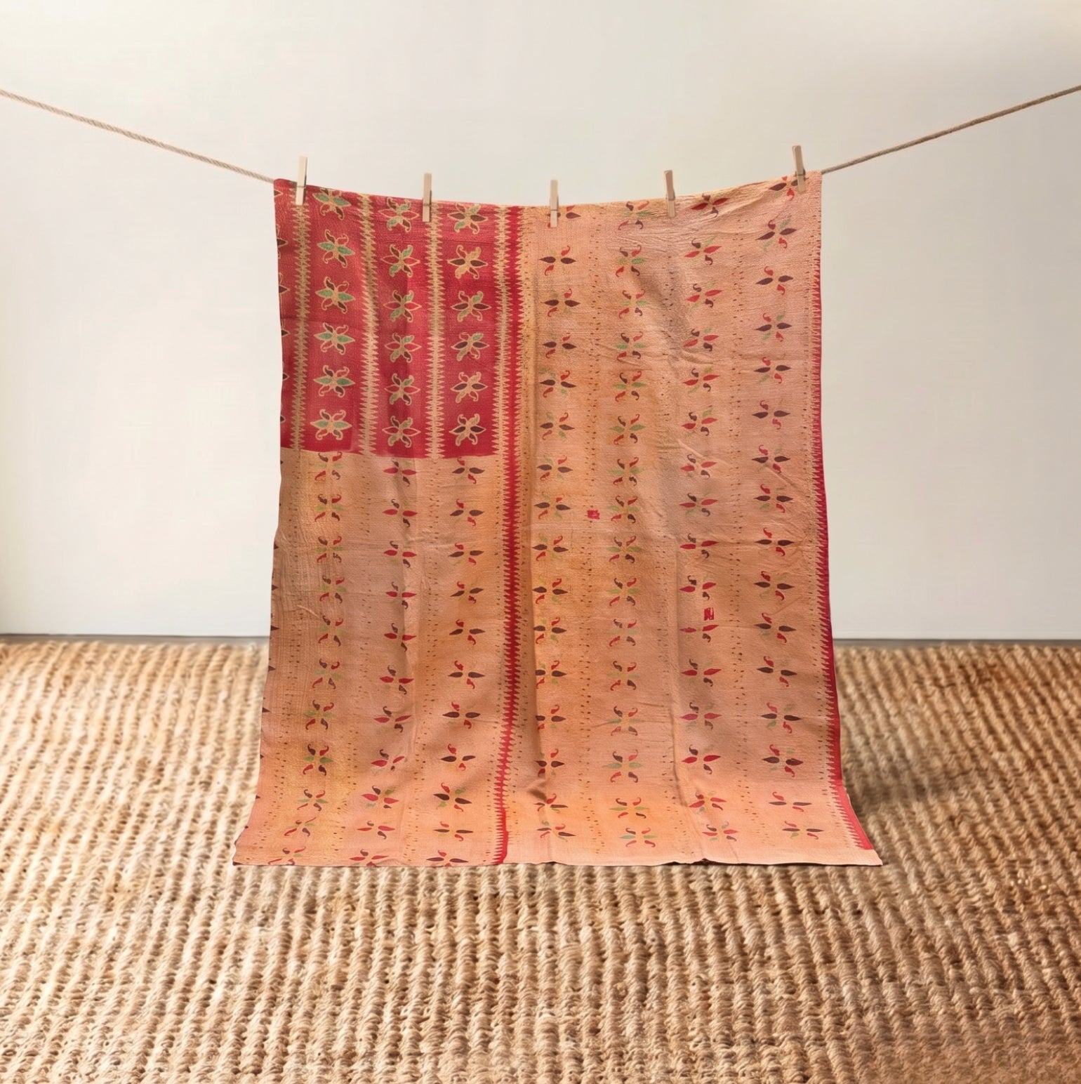 Vintage Indian Kantha Quilt, Berry & Saffron