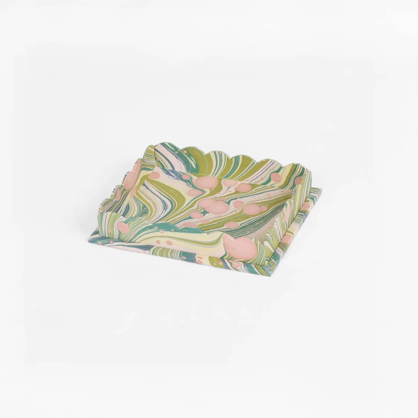Marbled Scalloped Tray Set, Moss & Pink