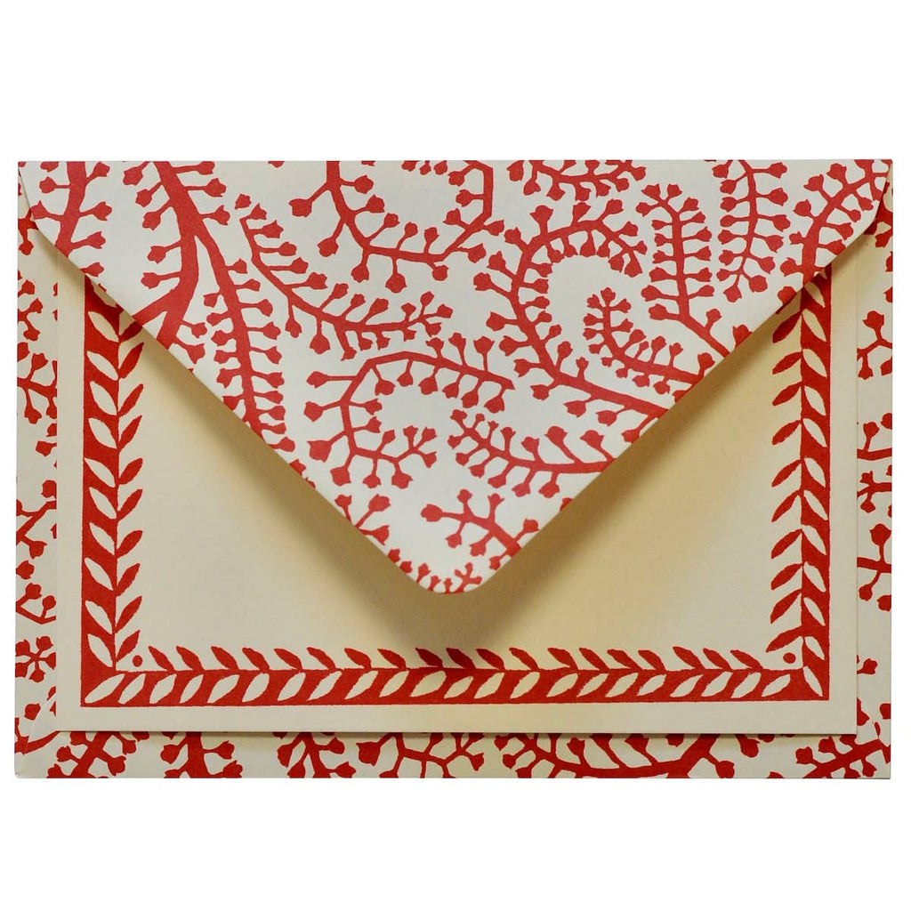 Set of Notecards and Envelopes Seaweed Paisley Crimson