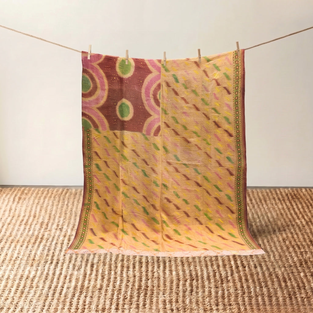 Vintage Indian Kantha Quilt, Berry & Saffron