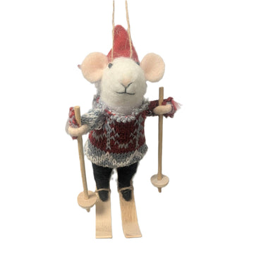 Grey Sweater with Skis Felt Mouse Ornament