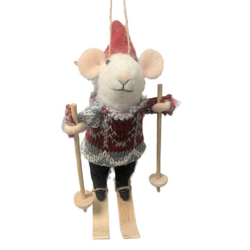 Gray Sweater with Skis Felt Mouse Ornament