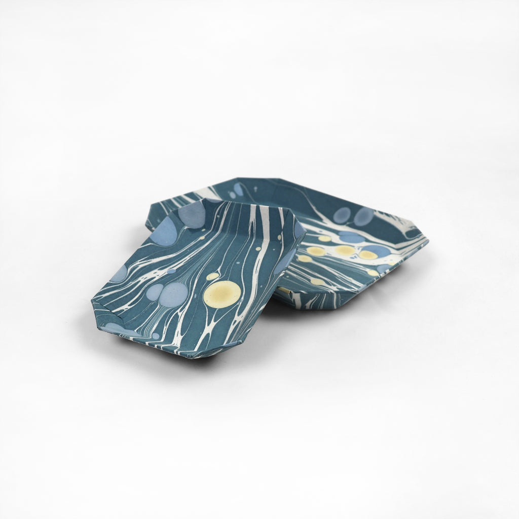 Marbled Octagonal Nesting Tray Set, Blue & Lemon