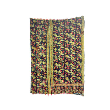 Vintage Indian Kantha Quilt, Moss Green & Black