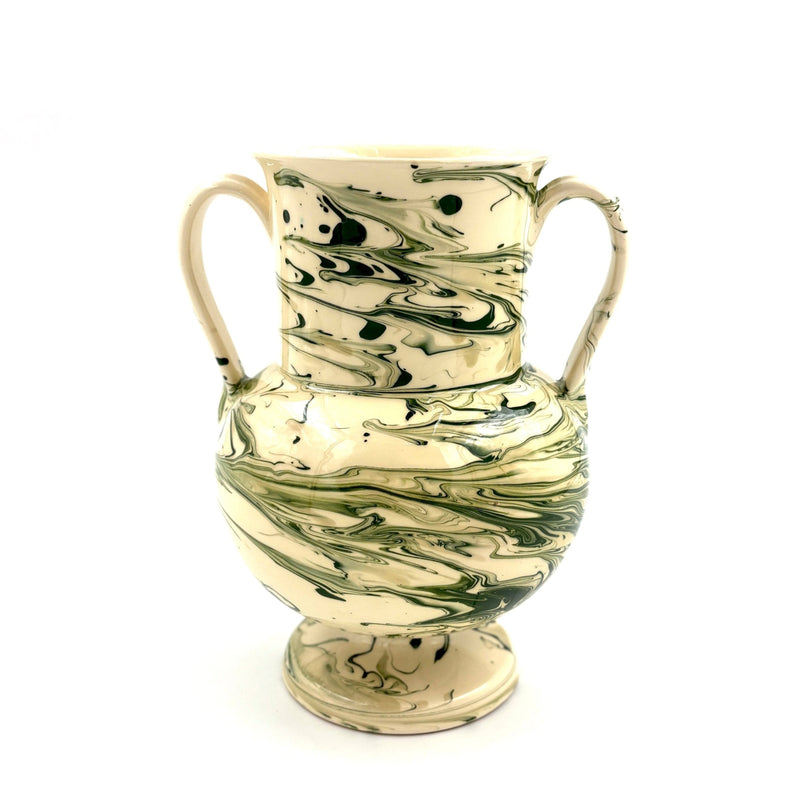 Apulian Amphora Vase in White with Green Marble Glaze