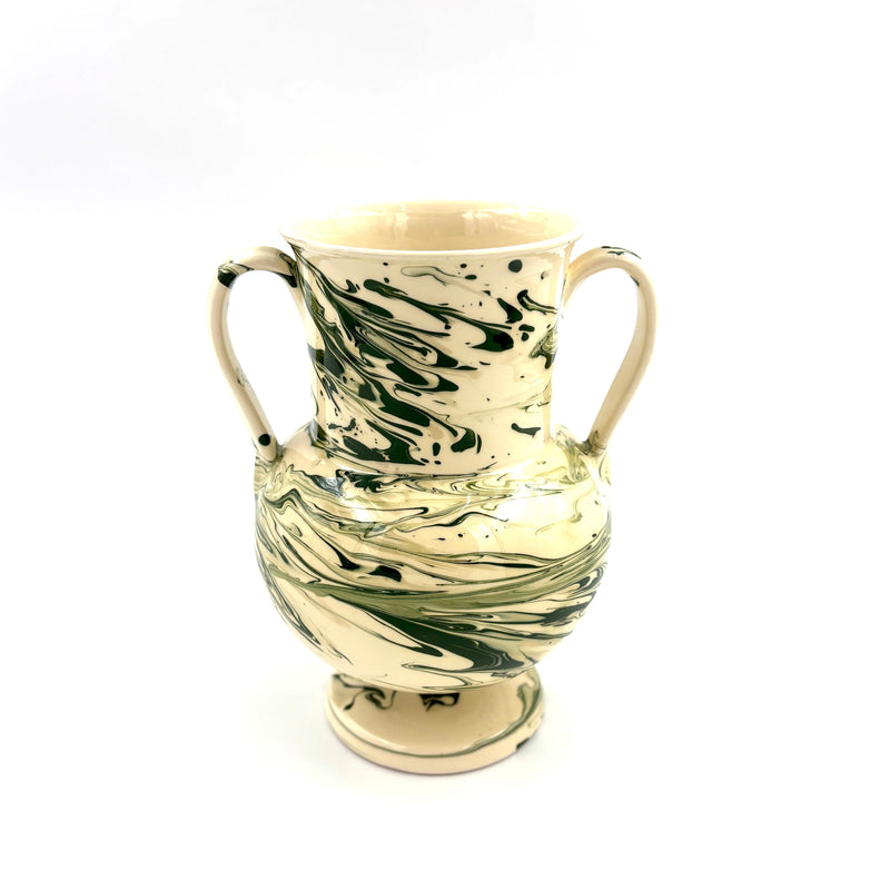 Apulian Amphora Vase in White with Green Marble Glaze