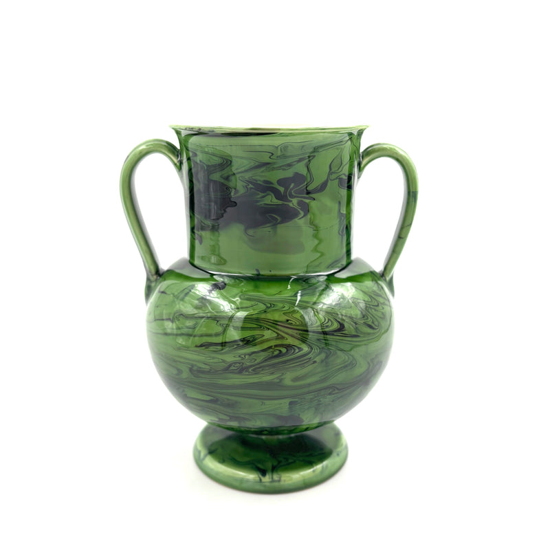 Apulian Amphora Vase in Green with Black Marble Glaze